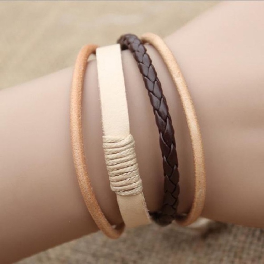 Multilayer Brown Braided Leather Cuff Bracelet - Picture 2 of 5